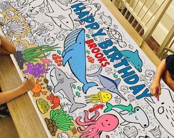 GIANT Personalized Under the Sea Birthday Coloring Poster or Table Cover | Custom Ocean Birthday Tablecloth for Parties |  30" x 72" inches