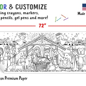 May include: A black and white coloring banner featuring a nativity scene, measuring 72 inches wide and 30 inches high. The banner includes illustrations of angels, the holy family, animals, and the text "COLOR & CUSTOMIZE". Made in the USA.