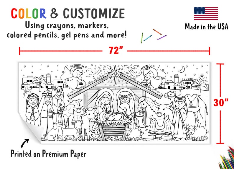 May include: A black and white coloring banner featuring a nativity scene, measuring 72 inches wide and 30 inches high. The banner includes illustrations of angels, the holy family, animals, and the text "COLOR & CUSTOMIZE". Made in the USA.