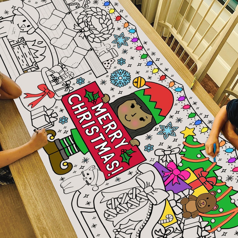 GIANT Christmas Elf Coloring Poster or Table Cover Paper Holiday Tablecloth for School Parties Winter Party Decor 30 x 72 inches Girl Merry Christmas