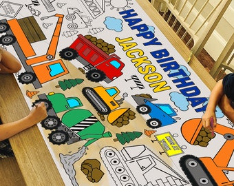 GIANT Personalized Construction Truck  Birthday Coloring Poster or Table Cover | Custom Construction Bday Tablecloth for Party |  30" x 72"