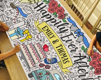 GIANT Personalized Wedding Coloring Poster | Paper Happily Ever After Tablecloth | Bridal Shower Decorations | 30" x 72" inches