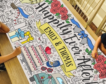 GIANT Personalized Wedding Coloring Poster | Paper Happily Ever After Tablecloth | Bridal Shower Decorations | 30" x 72" inches