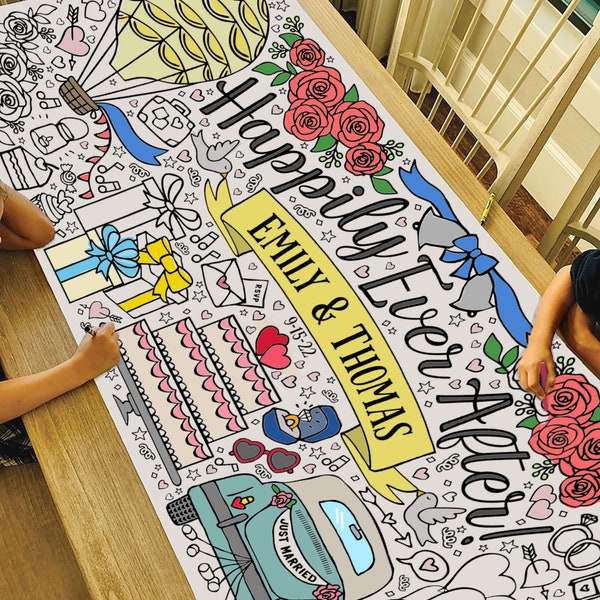 GIANT Personalized Wedding Coloring Poster | Paper Happily Ever After Tablecloth | Bridal Shower Decorations | 30" x 72" inches