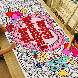 GIANT Valentine's Day Hugs and Kisses Coloring Poster or Table Cover | Paper Valentine Tablecloth for School Parties | 30" x 72"