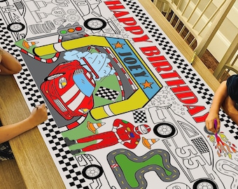 GIANT Personalized Race Car Birthday Coloring Poster or Table Cover | Custom Race Car Birthday Tablecloth for Parties |  30" x 72" inches