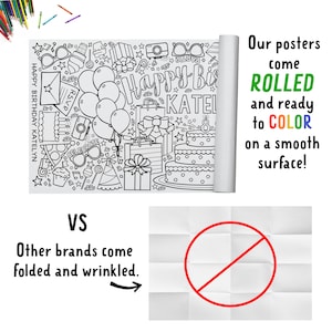May include: A black and white coloring poster with a birthday theme. The poster features a cake, balloons, presents, and the text "Happy Birthday Katelyn". The poster is rolled up and ready to color. The text "Our posters come ROLLED and ready to COLOR on a smooth surface!" is written on the right side of the image. The text "VS" is written below the poster. The text "Other brands come folded and wrinkled." is written below the text "VS". A red circle with a diagonal line through it is shown on the right side of the image. The circle is over a white surface that is folded.