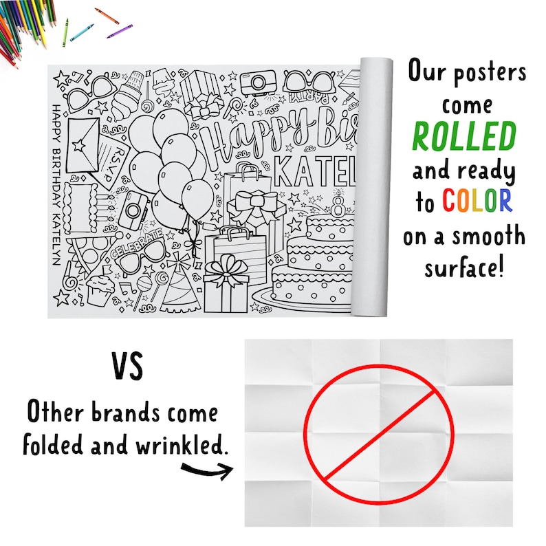 May include: A black and white coloring poster with a birthday theme. The poster features a cake, balloons, presents, and the text "Happy Birthday Katelyn". The poster is rolled up and ready to color. The text "Our posters come ROLLED and ready to COLOR on a smooth surface!" is written on the right side of the image. The text "VS" is written below the poster. The text "Other brands come folded and wrinkled." is written below the text "VS". A red circle with a diagonal line through it is shown on the right side of the image. The circle is over a white surface that is folded.
