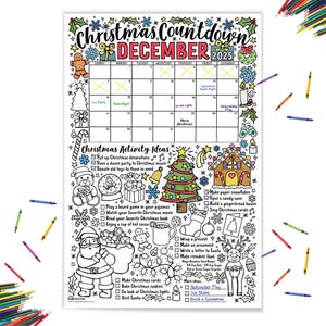 May include: A black and white printable Christmas countdown calendar with a December 2023 calendar and a list of Christmas activities to do each day. The calendar is decorated with Christmas-themed illustrations.