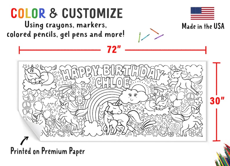 GIANT Personalized Unicorn Birthday Coloring Poster or Table Cover Custom Unicorn Paper Birthday Tablecloth for Party 30 x 72 inches zdjęcie 2