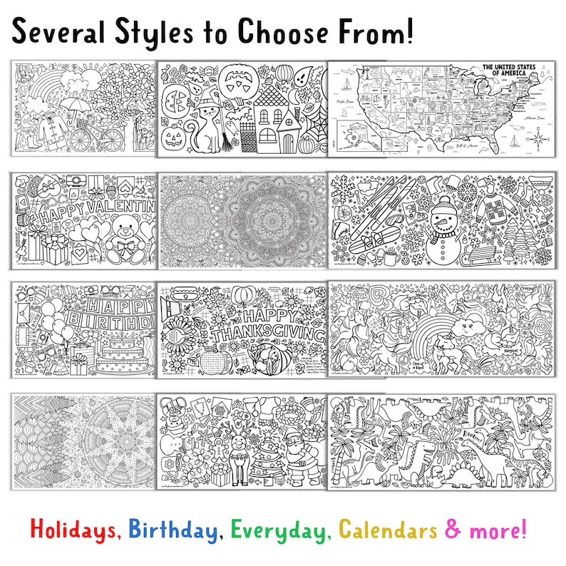 May include: A collection of black and white coloring pages with various themes, including holidays, birthdays, and everyday scenes. The image features the text "Several Styles to Choose From!" and "Holidays, Birthday, Everyday, Calendars & more!"