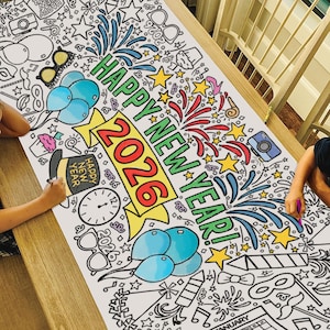 Póster gigante para colorear de Año Nuevo 2026 o mantel de papel para fiestas infantiles de fin de año o decoraciones de fiesta de invierno, 30 x 72 pulgadas