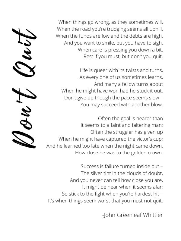 Don't Quit Poem John Greenleaf Whittier Print Inspirational Quotes Wall ...