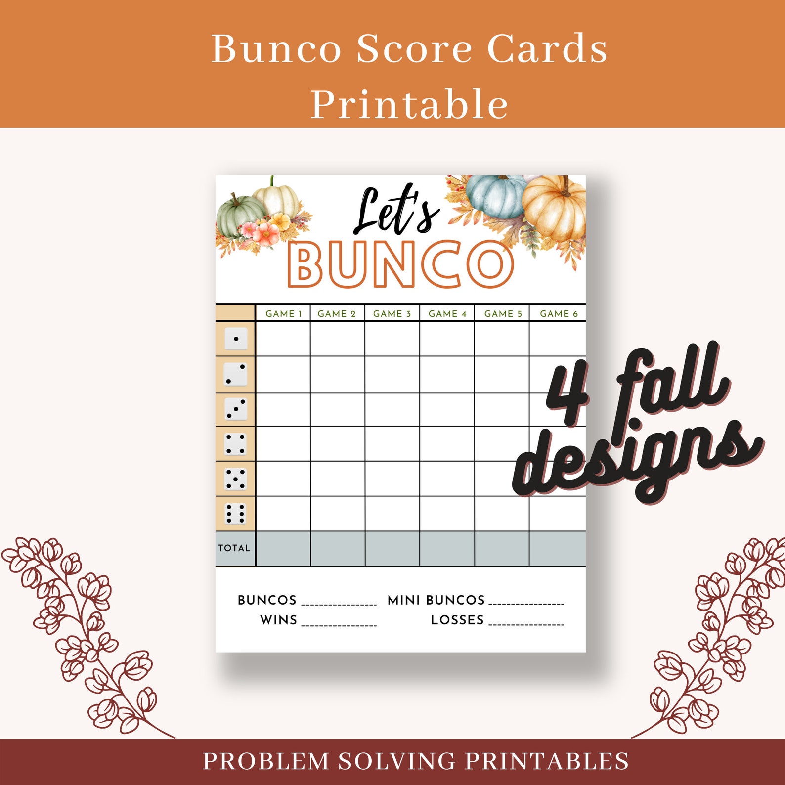 Fall Themed Bunco Score Card Sheets Pad Printable Autumn Bunko Score