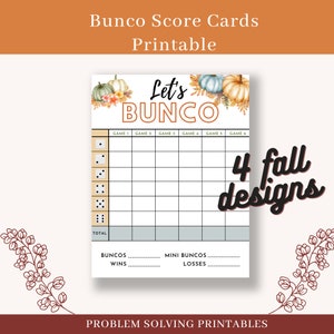 Hojas para imprimir con tarjetas de puntuación Bunco con temática de otoño Hojas para imprimir con tarjetas de puntuación Bunco para otoño Hojas para imprimir con tarjetas de puntuación Bunco para fiestas nocturnas Imprimibles de Halloween