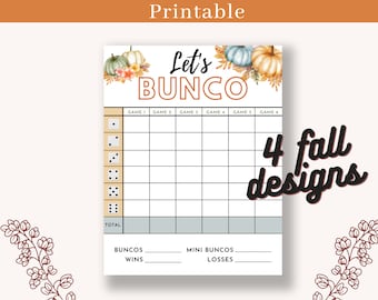 Op de afbeelding: Printbare Bunco-scorekaart met een herfstthema. De kaart heeft een aquarel-illustratie van pompoenen en herfstbladeren. De tekst "Let's Bunco" staat bovenaan de kaart. De kaart heeft ruimte om scores voor zes spellen te registreren, evenals totaalscores, buncos, overwinningen, mini-buncos en verliezen.