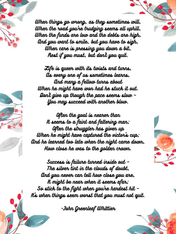 Don't Quit Poem John Greenleaf Whittier Print Inspirational Quotes Wall ...