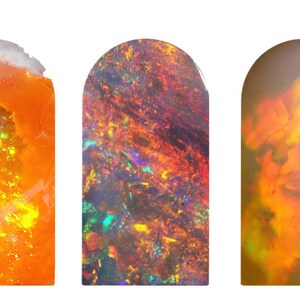 May include: Five opal cabochons, each with a unique pattern of orange, yellow, red, and green colors. The opals are cut in an arched shape and have a smooth, polished surface.