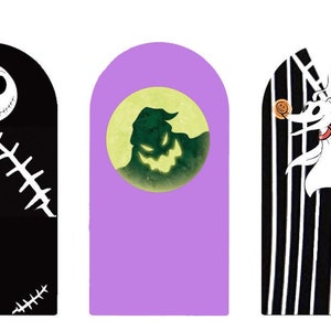 May include: Five black and purple nail wraps featuring characters from The Nightmare Before Christmas. The designs include Jack Skellington, Sally, Zero, and the spiral hill.