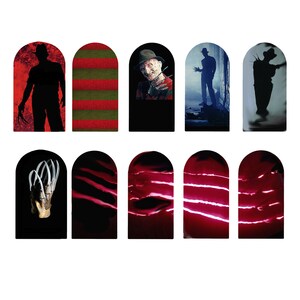May include: Set of 10 nail decals featuring Freddy Krueger from the Nightmare on Elm Street film franchise. The decals feature Freddy's face, his iconic striped sweater, his glove with razor blades, and a red and black striped background.