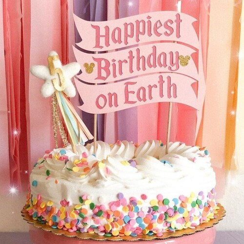 Happiest Birthday on Earth Cake Topper - Party Decor Supplies Birthday High Chair Smash Cake Pink Gold Disney Mickey Mouse Gender Reveal