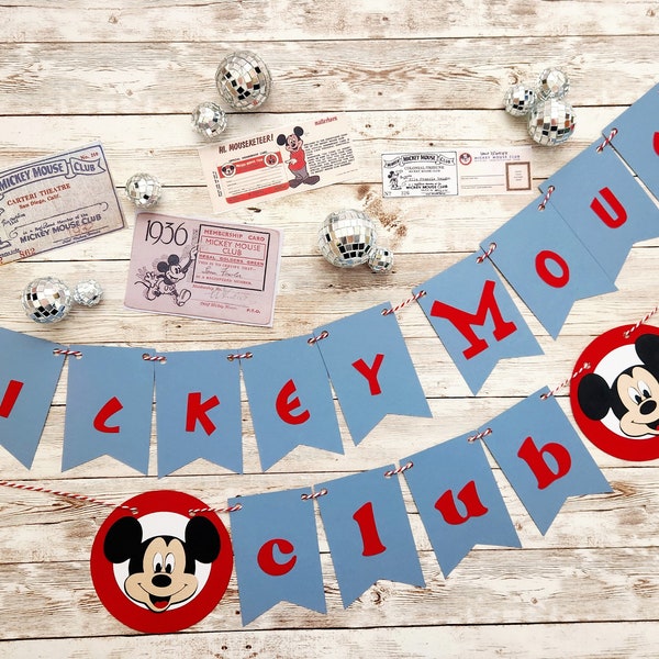 Bannière du Club Mickey Mouse – Fournitures de fête, décoration de table, chaise haute, garçon et fille, guirlande de banderoles vintage, drapeaux, fanions, photo