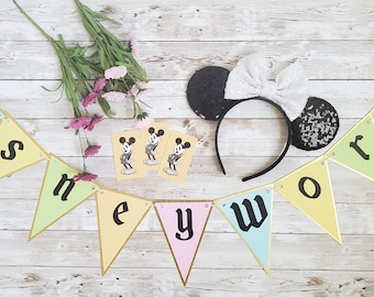 Vintage Style Disney World Banner - Party Supplies Birthday Baby Shower Decoration Back Drop Nursery Pastel Retro Pennant Flag Main Street