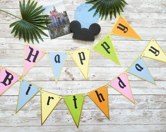 Vintage Style Disney Happy Birthday Banner - Party Supplies Birthday Decoration Backdrop Pastel Retro Pennant Flag Main Street Magic Kingdom