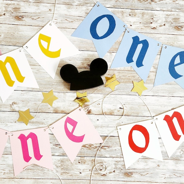 Disney "ONE" High Chair Banner - Party Supplies Birthday Decoration Photo Back Drop Pastel Retro Pennant Flag Smash Cake Princess Girl Boy