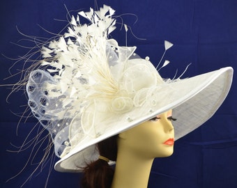 White Sinamay Hat w Sinamay Calla Lilies and Sinamay Rosebuds, feathers, pearls and crystals. Elegant Hand Blocked Handmade Hat