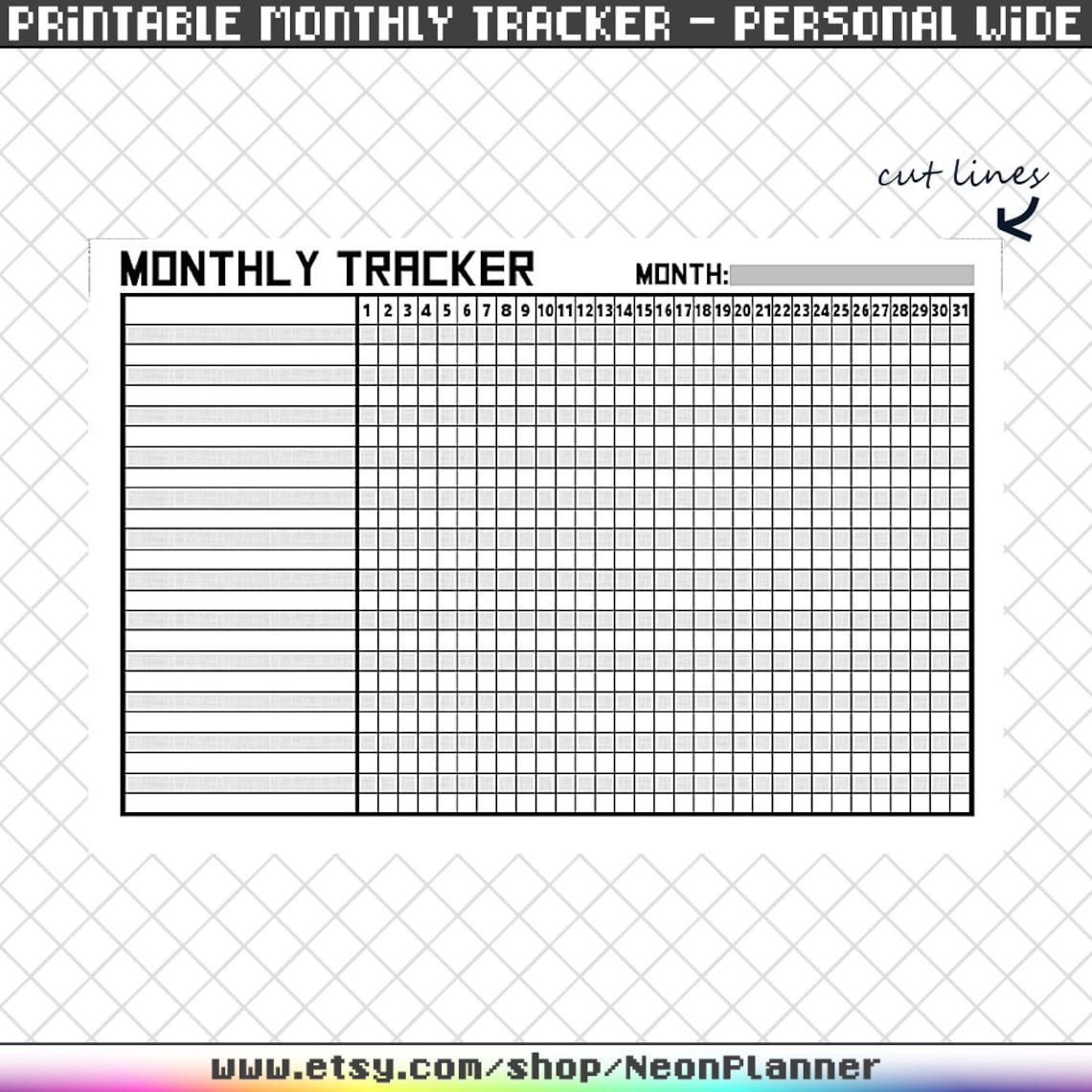 Printable Monthly Tracker Personal Wide Minimalist Etsy