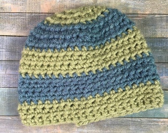 Blauw en groen gestreepte pasgeboren Hat-handgemaakte, gehaakte