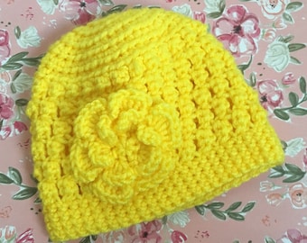 Vintage Yellow Baby Hat with Big Flower- Handmade, Crocheted