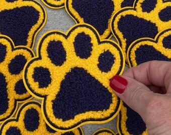 Navy & Gold Paw print hat patch 3.25&quot; x 3&quot;, chenille patch, trucker hat patch