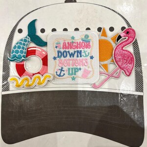 Anchors Down Bottoms Up Ready to Press Hat Patch Design, embroidery patch, summer, beach, lake trucker hat patch