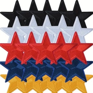 May include: Set of 20 iron-on patches featuring five different colors of stars: black, white, red, navy blue, and gold. Each star is approximately 2 inches in diameter.