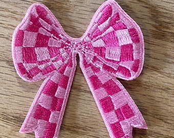 Pink checkered bow 7cm x 8cm, embroidery patch, trucker hat patch, checkered bow, pink, iron on patch