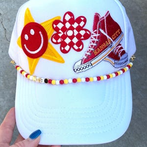 White Kansas City inspired trucker hat, embroidery patch, trucker hat patch