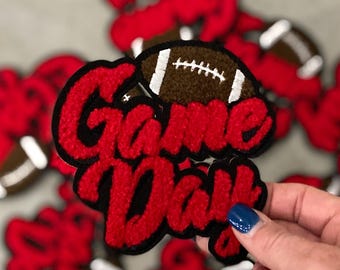 Red Game Day hat patch 4.13&quot;x4.13&quot;, chenille patch, trucker hat patch
