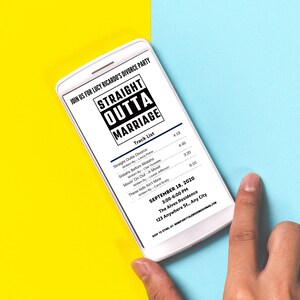 May include: A smartphone screen displaying a party invitation for a divorce party. The invitation is titled "Straight Outta Marriage" and lists a track list of songs with titles like "Straight Outta Divorce" and "Sistahs Before Mistahs". The party is scheduled for September 18, 2020, from 3:00 to 6:00 PM at The Alves Residence, 123 Anywhere St., Any City.