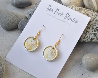 Pale White and Gold Speckled Earrings, Contemporary wooden earrings with gold hoops