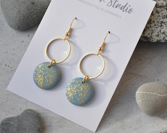 Slate Grey and Gold Speckled Earrings, Contemporary wooden earrings in a blue grey colour with gold hoops