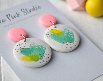 Arty Floral drop earrings in pink, green and yellow, made with hand painted wooden beads