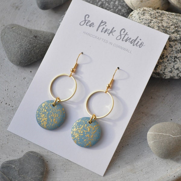 Slate Grey and Gold Speckled Earrings, Contemporary wooden earrings in a blue grey colour with gold hoops