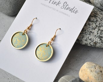 Pale Aqua and Gold Speckled Earrings, Contemporary wooden earrings in a pale sea green colour with gold hoops