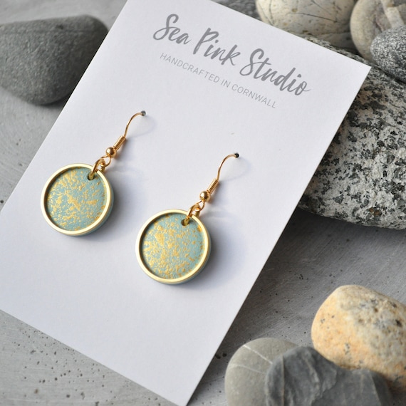 Aqua Blue Wooden Earrings with Gold Speckles and Ring detail: Coastal Jewellery