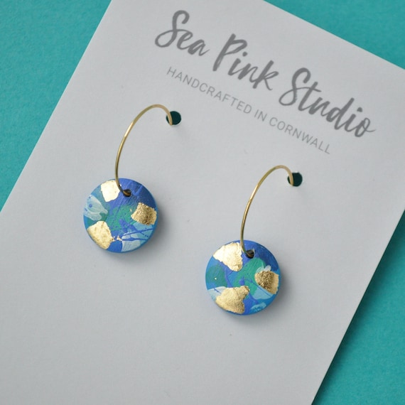 Arty abstract wooden colourful blue hoop earrings