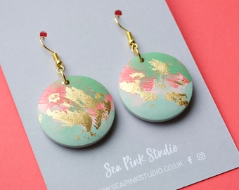 Arty Pink and Green Earrings, painted on wooden beads