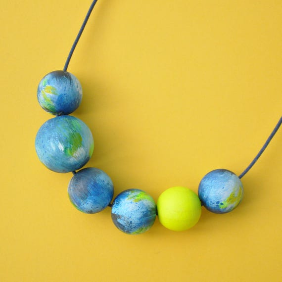 Blue and yellow bead necklace in arty coastal pattern, hand painted beads.