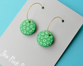 Green leopard print hoop earring - colourful statement earrings made with hand painted wooden beads.